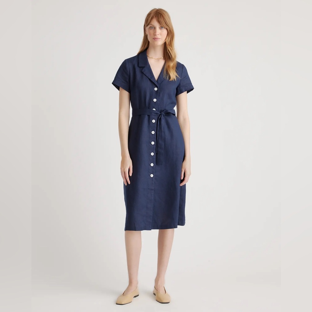 Quince Navy Blue 100% European Linen Button Front Dress (Size Xs)